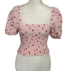 Altar’d State Pink Floral Smocked Crop Top Puff Sleeve Coquette Dainty CottageXS